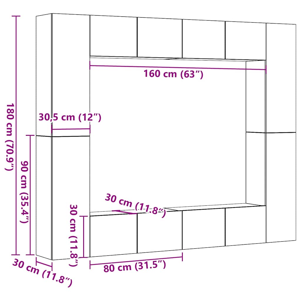 Set Mobile TV 8 pz Montato a Parete Legno Antico in Truciolato | homemem39