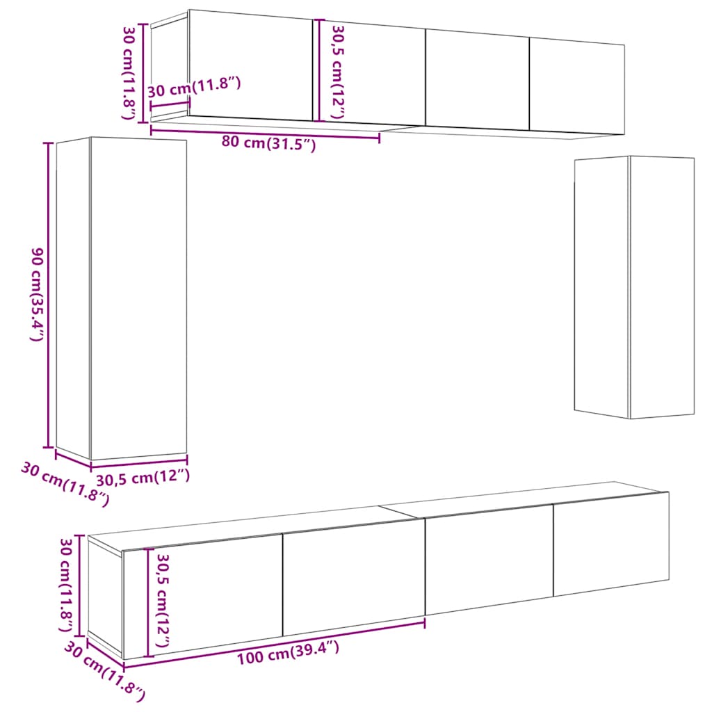 Set Mobile TV 6 pz Montato a Parete Rovere in Legno Multistrato | homemem39