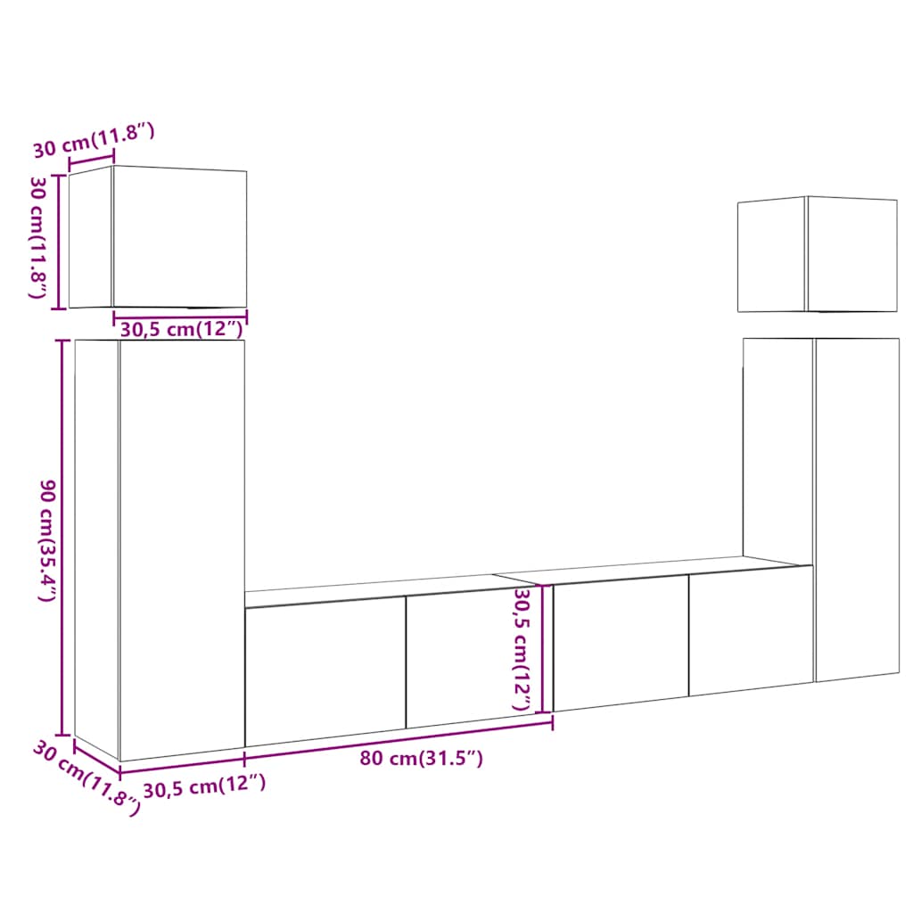 Set Mobile TV 8 pz Montato a Parete Legno Antico in Truciolato | homemem39