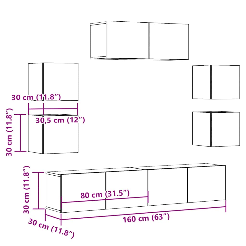 Set Mobile TV 7 pz Montato a Parete Rovere in Legno Multistrato | homemem39