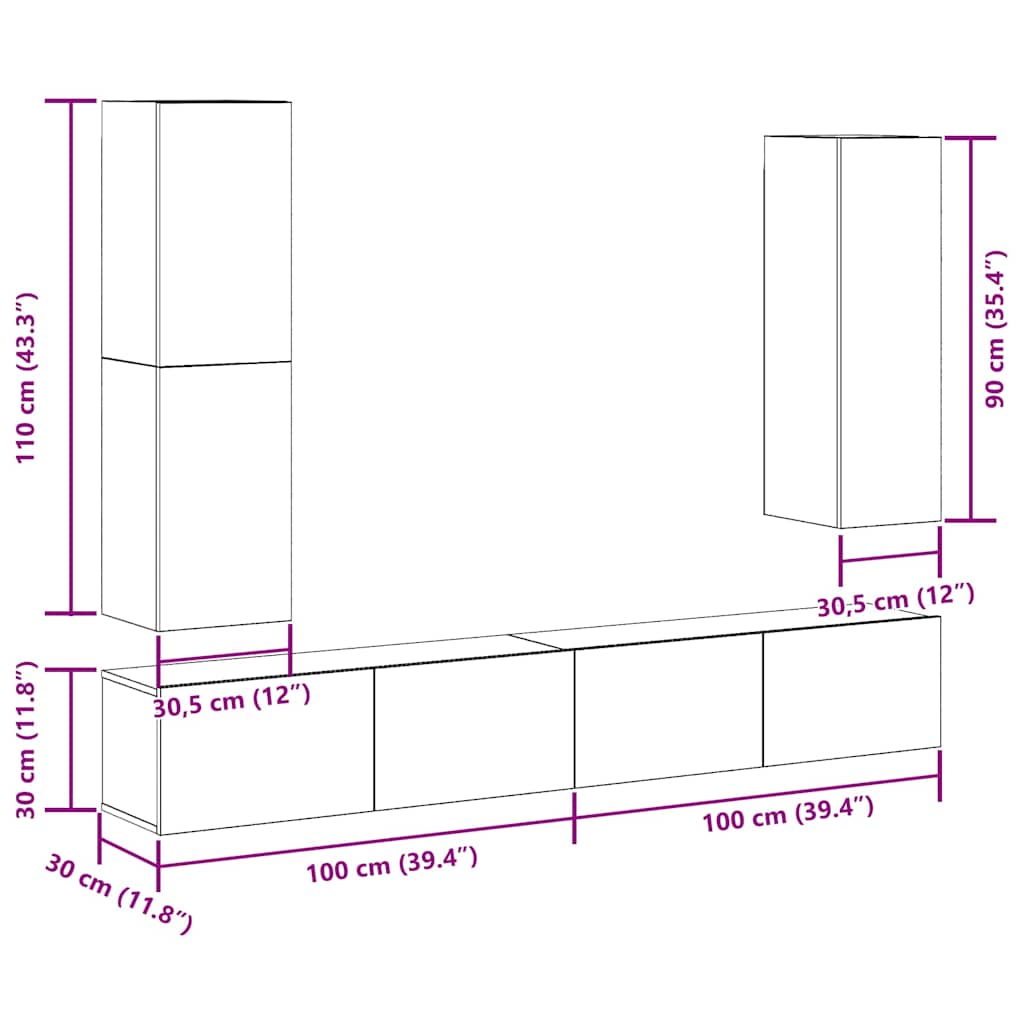 Set Mobile TV 4 pz Montato a Parete Rovere in Legno Multistrato - homemem39
