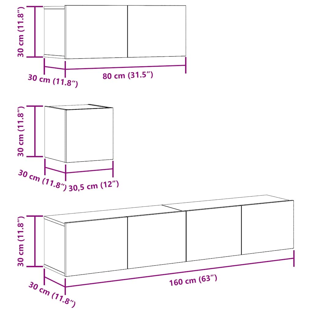 Set Mobile TV 4 pz Montato a Parete Rovere in Legno Multistrato | homemem39