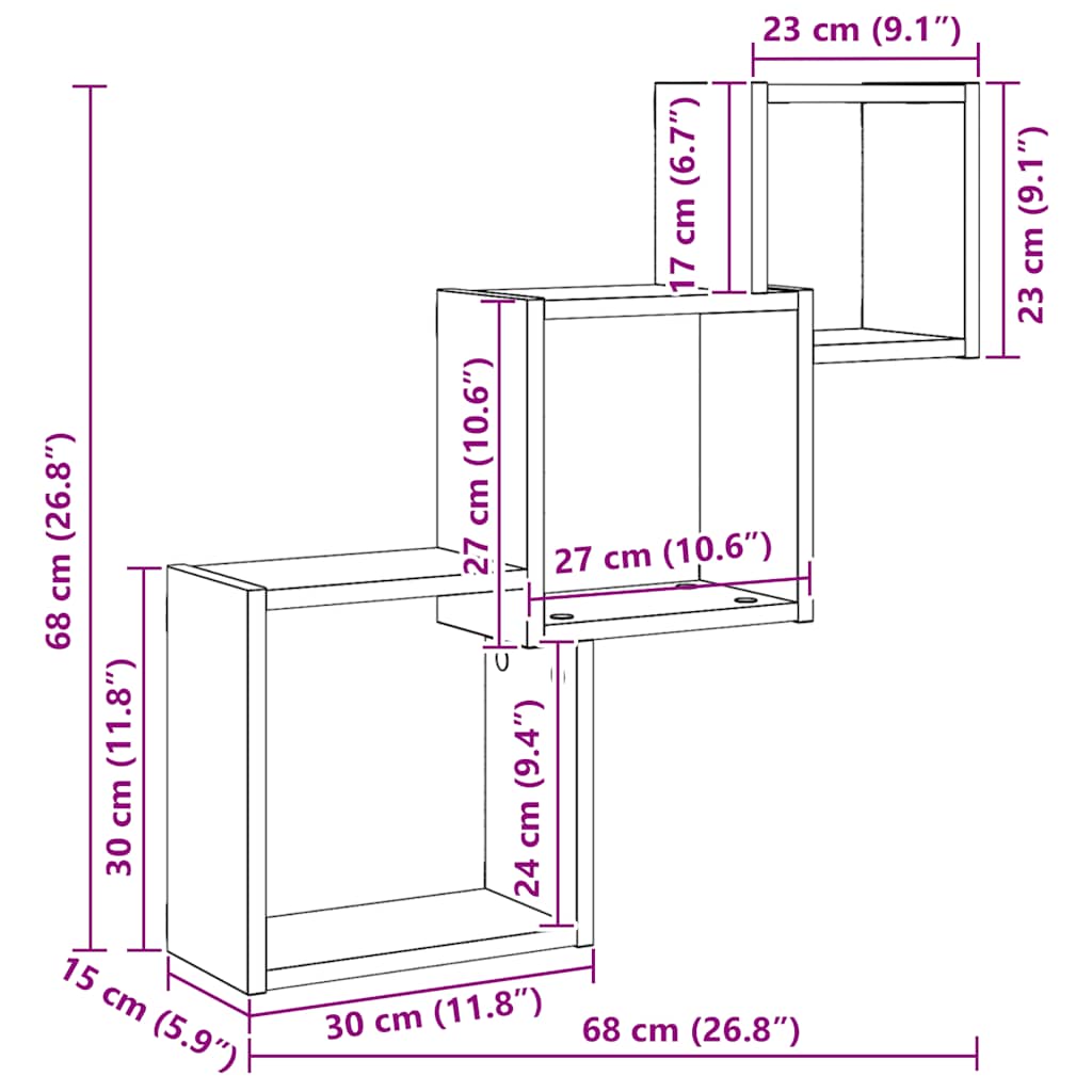 Mensole a Cubo Parete Rovere Nero 68x15x68 cm Legno Multistrato