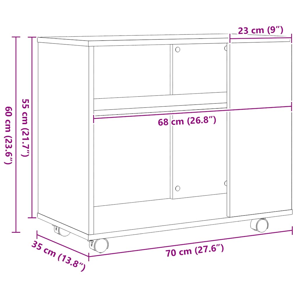 Tavolino laterale in rovere nero 70x35x60 cm in legno ingegnerizzato