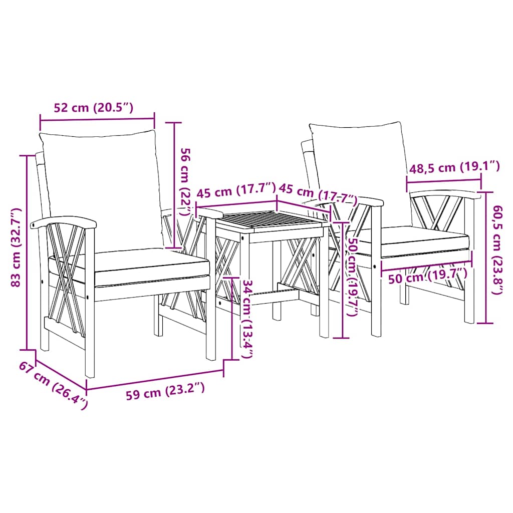 Set Divano da Giardino 3 pcs Marrone legno massello di acacia