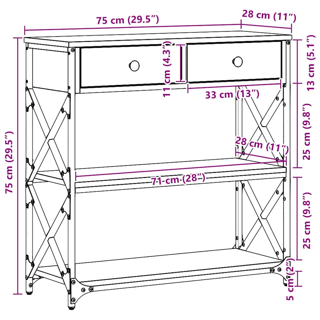Tavolo Consolle con cassetto Rovere nero 75 x 28 x 75 cm | homemem39