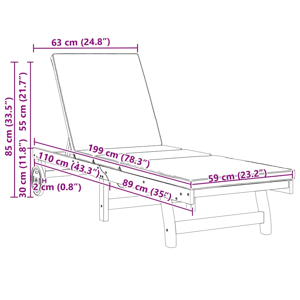 Lettino da sole con cuscino 2 pcs Marrone 63 x 199 x 85cm