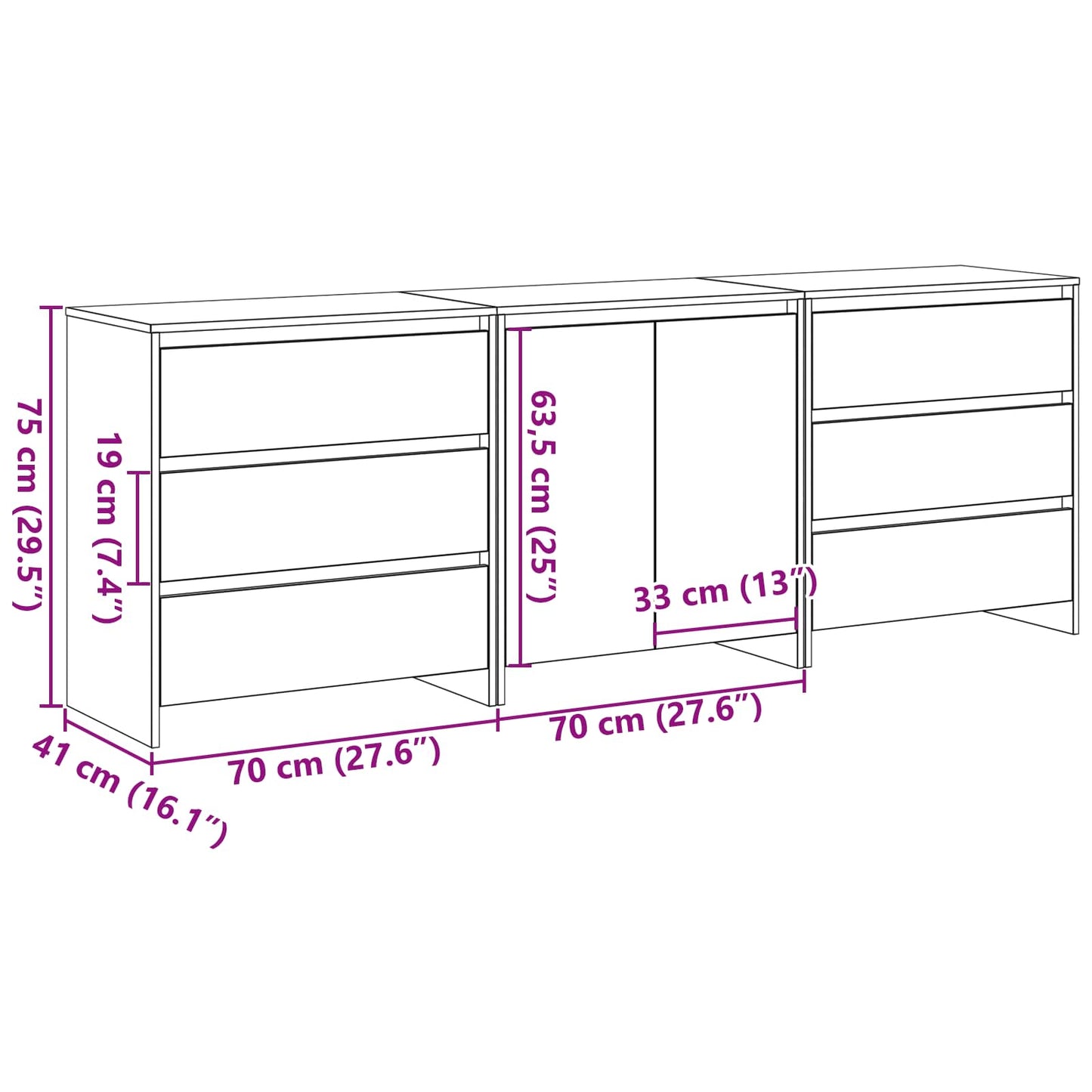 Credenza 3 pcs Nero 70 x 41 x 75 cm Legno multistrato