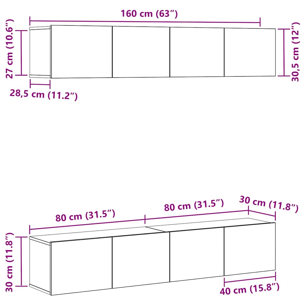 Set mobile TV 4 pcs Rovere nero 80 x 30 x 30 cm