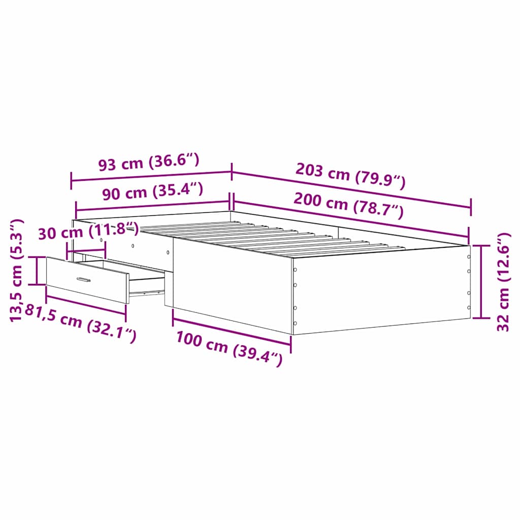 Struttura del letto Rovere Nero 90 x 200 cm Legno multistrato