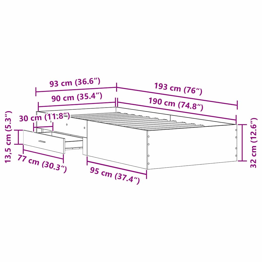 Struttura del letto con cassetto Rovere artigianale 90 x 190 cm
