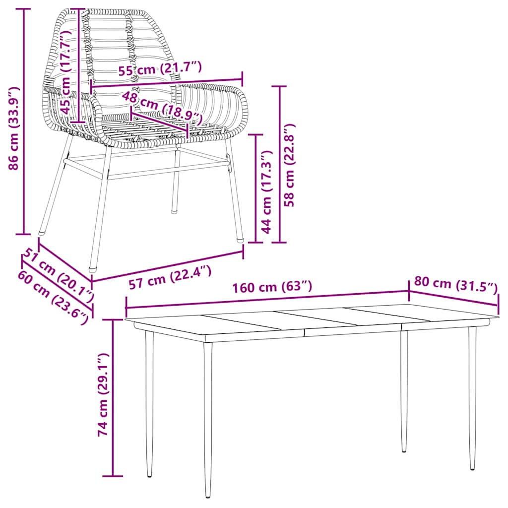 Set Pranzo da Giardino 7 pz Nero Polyrattan Vetro