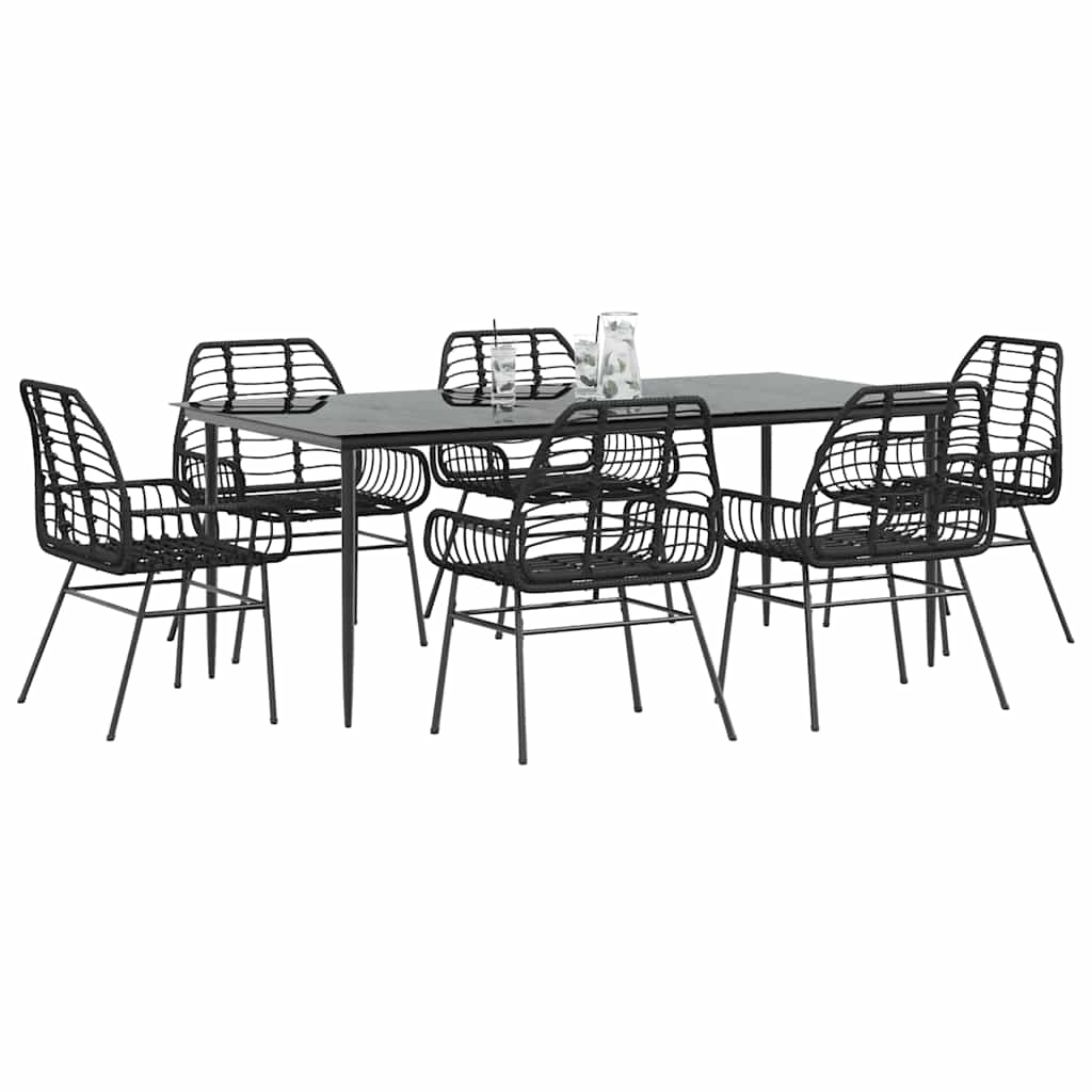 Set Pranzo da Giardino 7 pz Nero Polyrattan Vetro