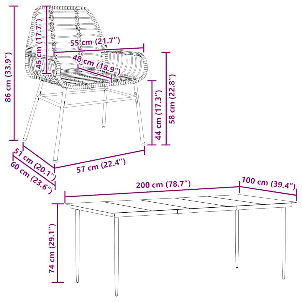 Set da Pranzo da Giardino 9 pz Polyrattan Vetro