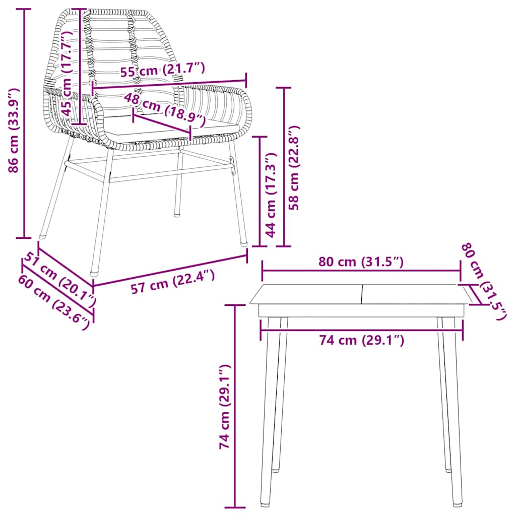 Set da Pranzo da Giardino 3 pz con Cuscini Polyrattan Vetro