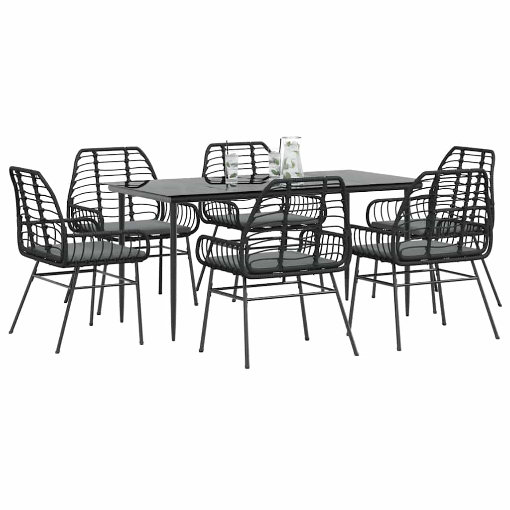 Set Pranzo da Giardino 7 pz Nero con Cuscini Polyrattan Vetro