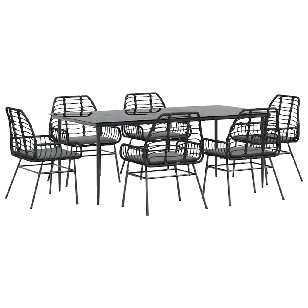 Set Pranzo da Giardino 7 pz Nero con Cuscini Polyrattan Vetro
