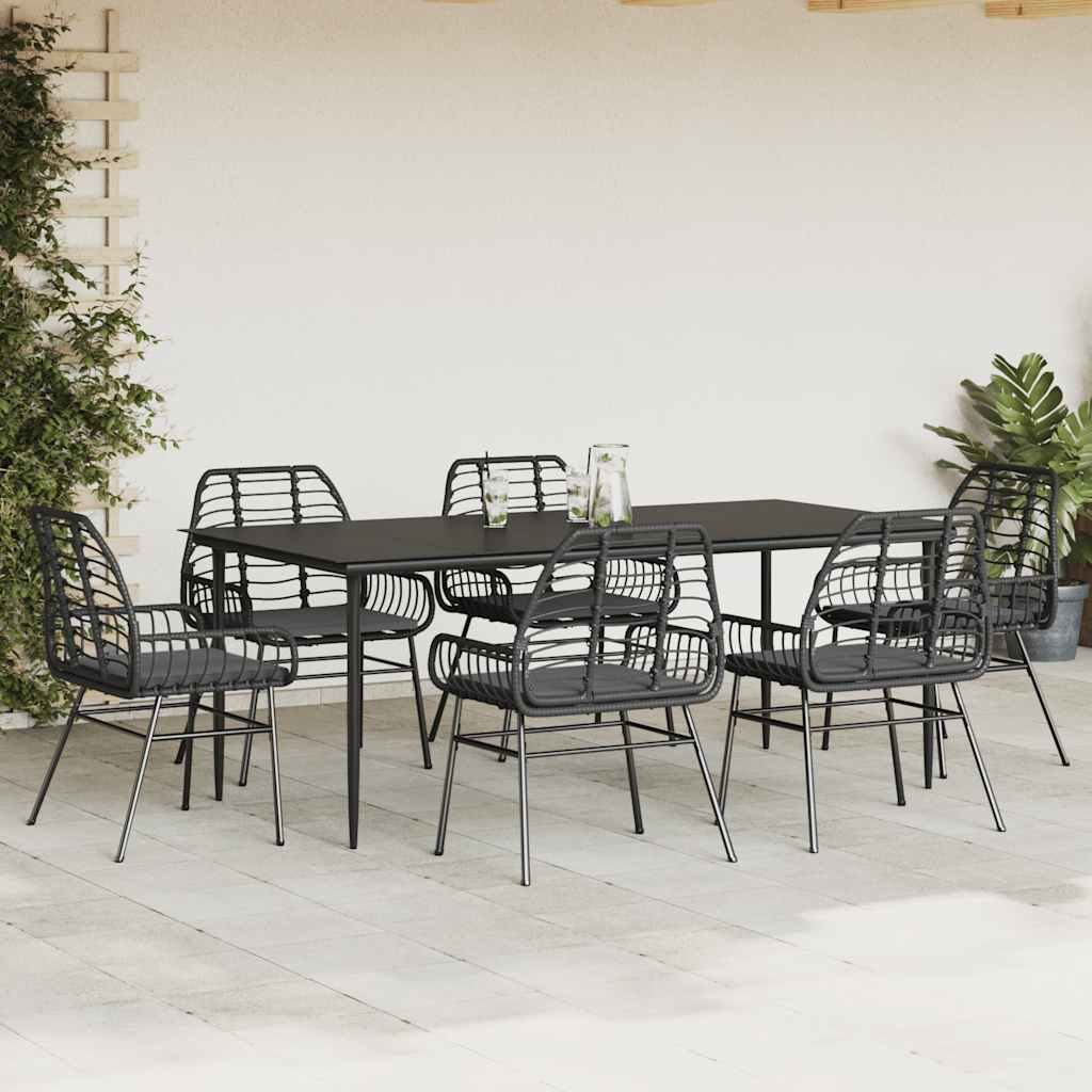 Set Pranzo da Giardino 7 pz Nero con Cuscini Polyrattan Vetro