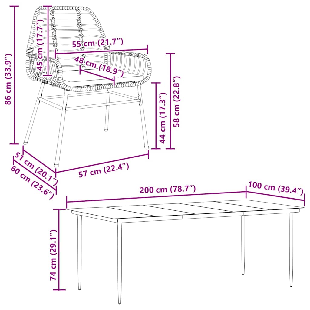 Set Pranzo da Giardino 7 pz Nero con Cuscini Polyrattan Vetro