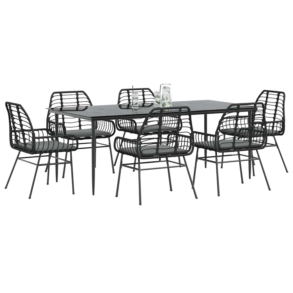 Set Pranzo da Giardino 7 pz Nero con Cuscini Polyrattan Vetro