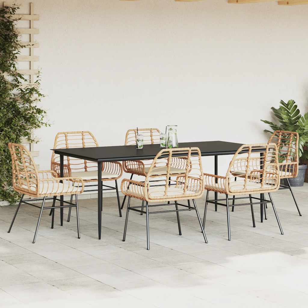 Set Pranzo da Giardino 7pz con Cuscini Marrone Polyrattan Vetro