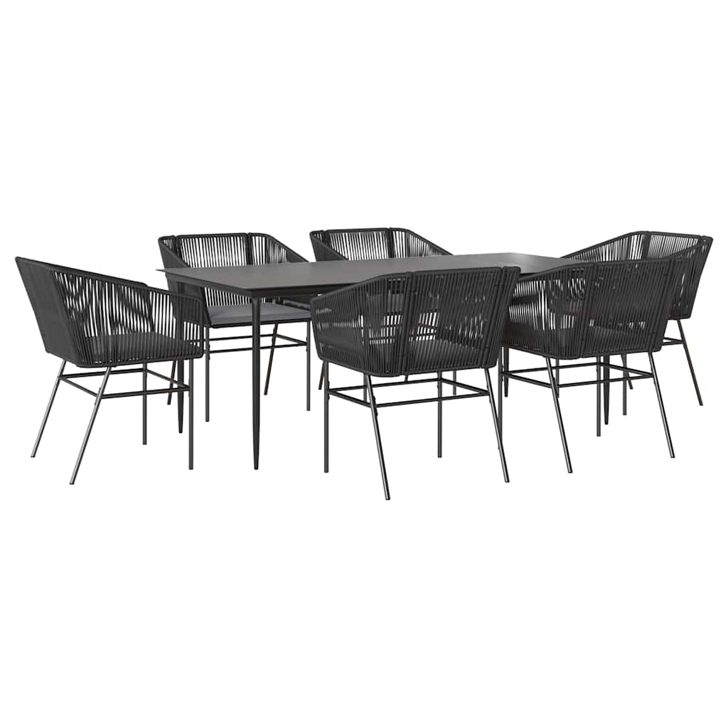 Set Pranzo da Giardino 7 pz Nero con Cuscini Polyrattan Vetro