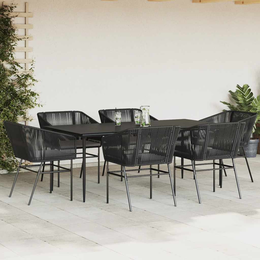 Set Pranzo da Giardino 7 pz Nero con Cuscini Polyrattan Vetro