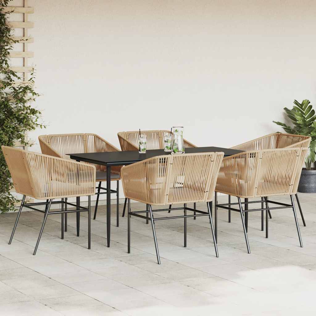 Set Pranzo da Giardino 7pz con Cuscini Marrone Polyrattan Vetro