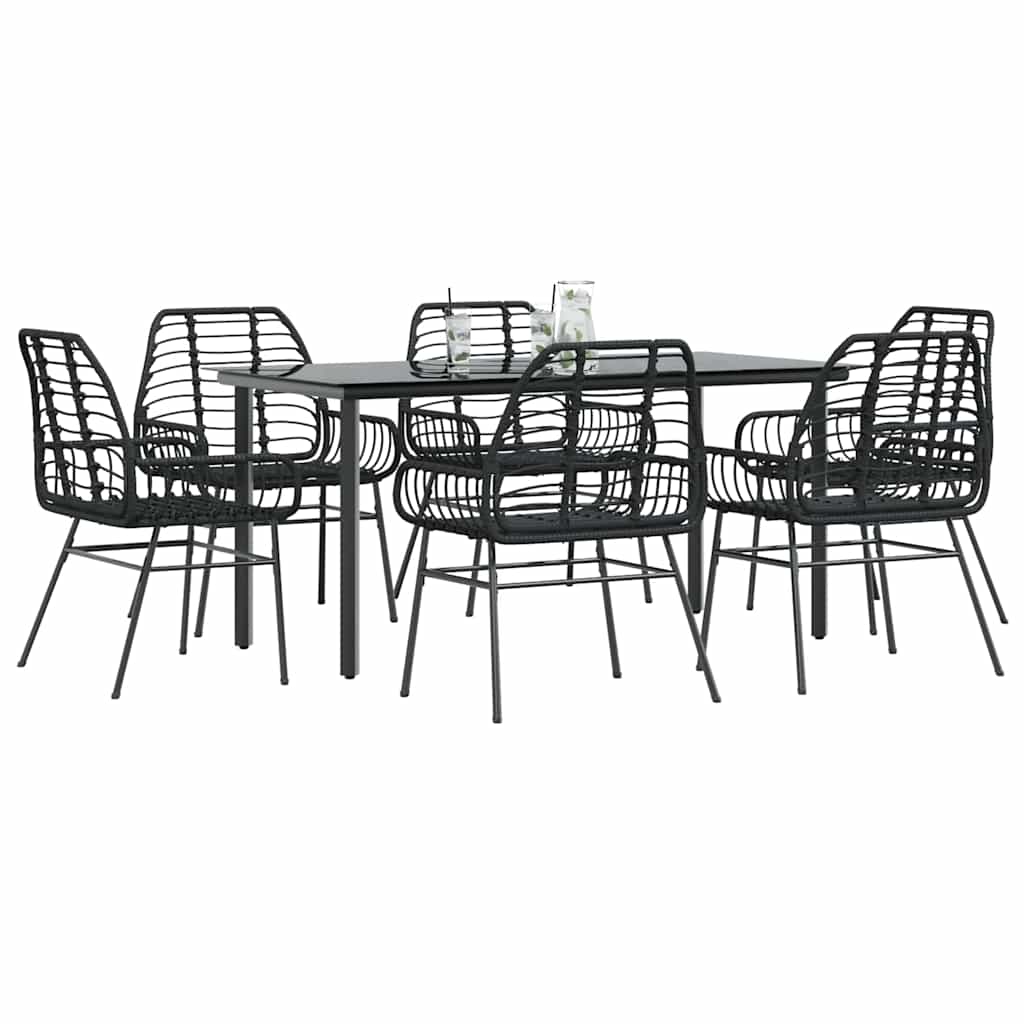 Set Pranzo da Giardino 7 pz Nero Polyrattan Vetro