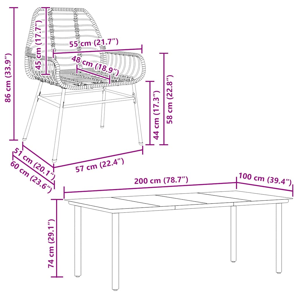 Set da Pranzo da Giardino 9 pz Polyrattan Vetro
