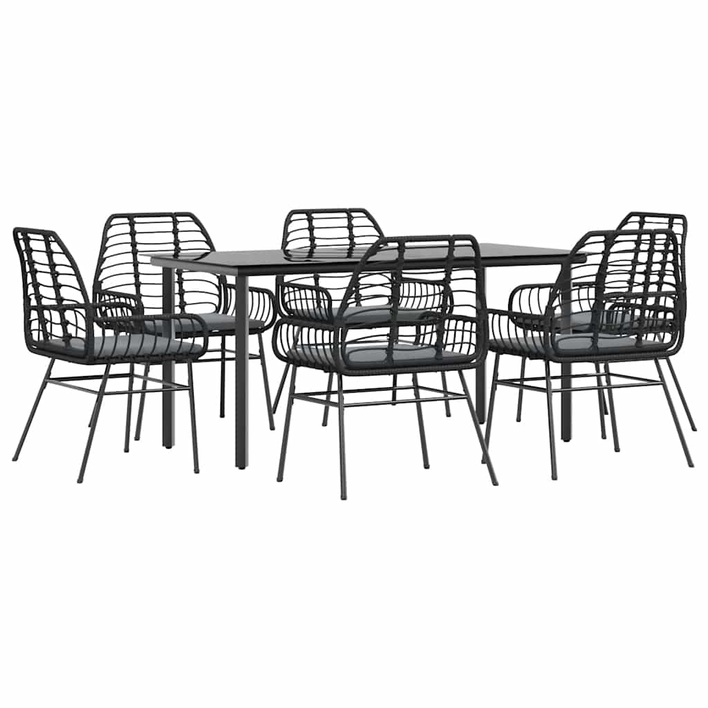 Set Pranzo da Giardino 7 pz Nero con Cuscini Polyrattan Vetro