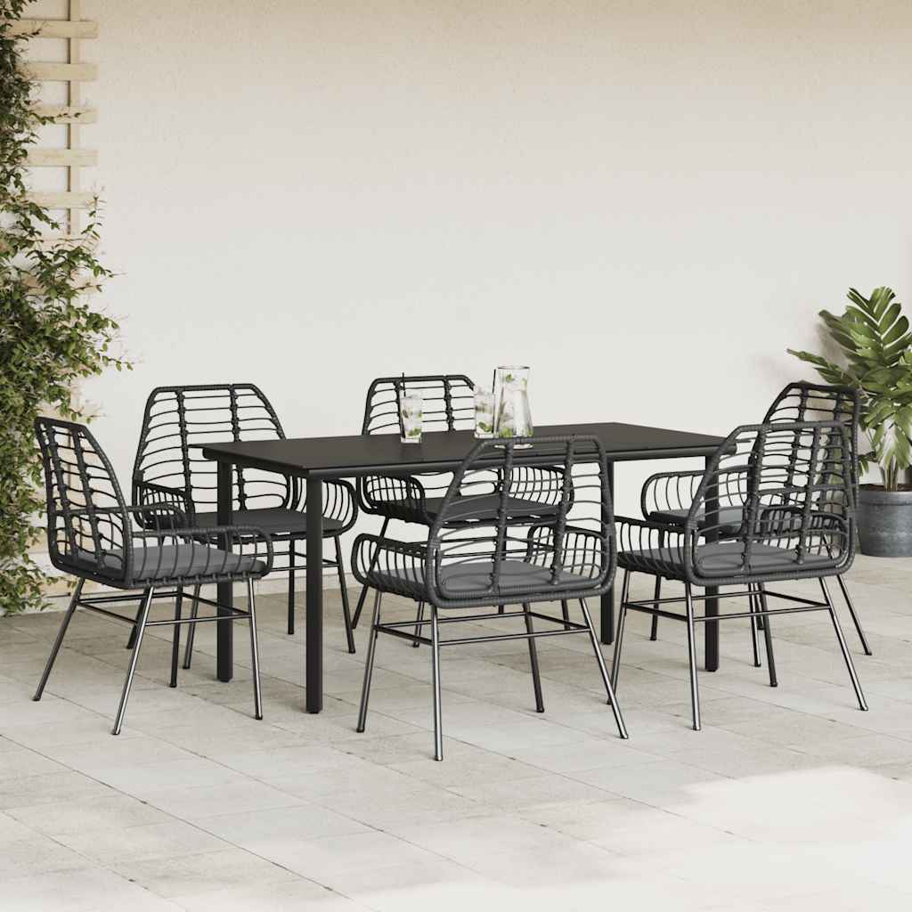 Set Pranzo da Giardino 7 pz Nero con Cuscini Polyrattan Vetro