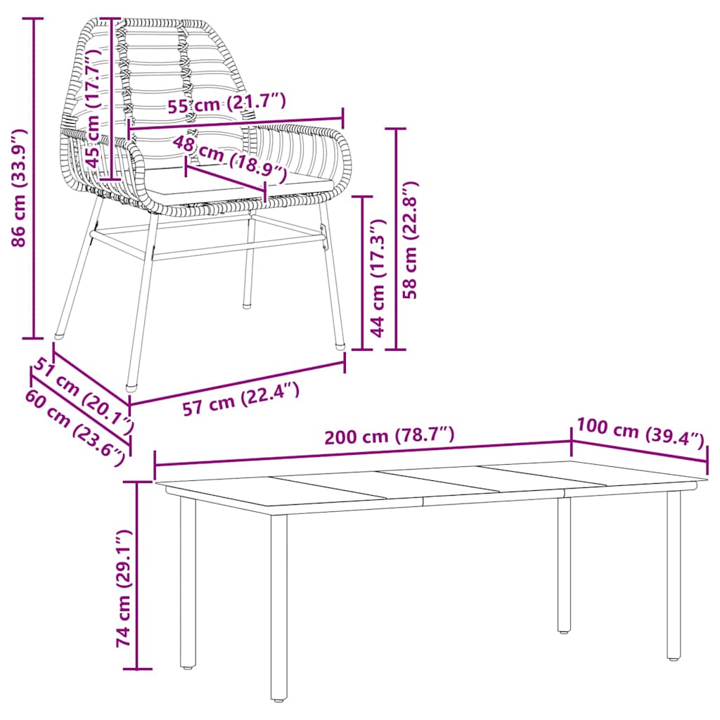 Set Pranzo da Giardino 7 pz Nero con Cuscini Polyrattan Vetro
