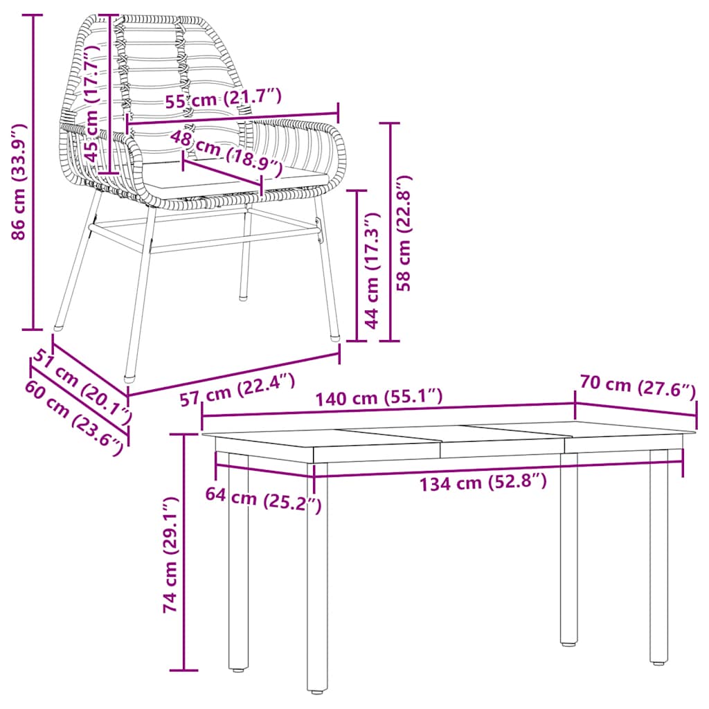Set da Pranzo da Giardino 5pz con Cuscini Polyrattan Vetro