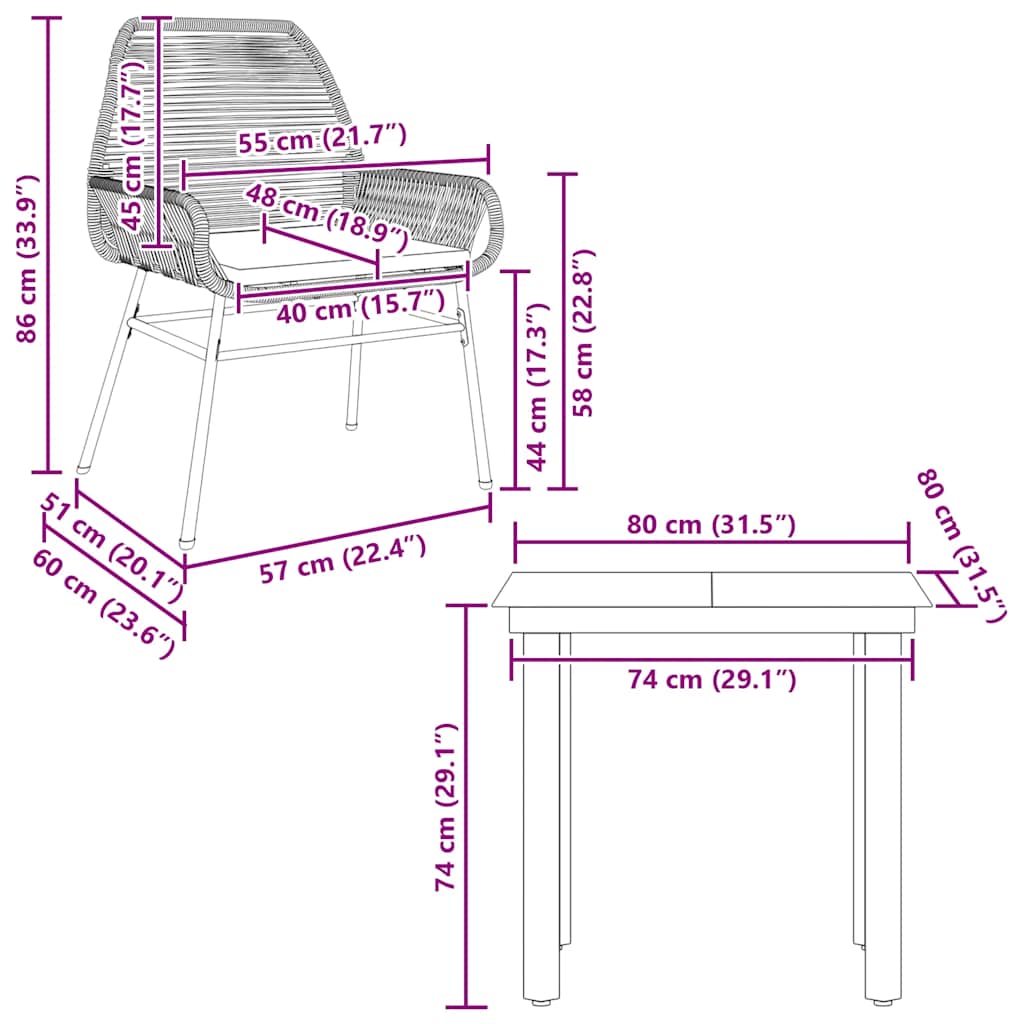 Set da Pranzo da Giardino 3 pz con Cuscini in Polyrattan Vetro