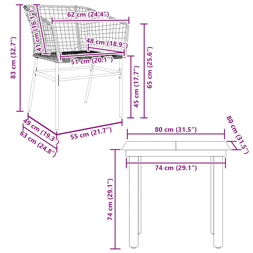 Set da Pranzo da Giardino 3 pz Marrone in Polyrattan Vetro