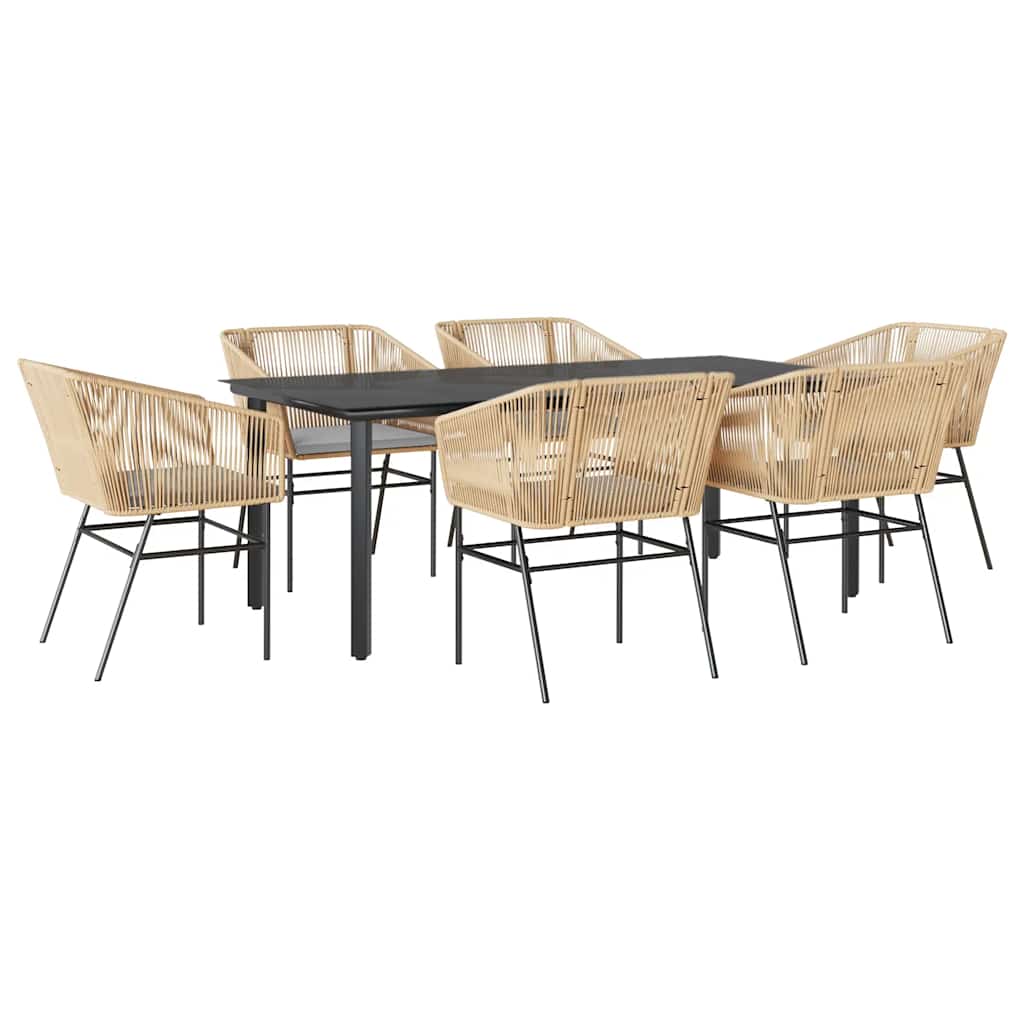 Set Pranzo da Giardino 7pz con Cuscini Marrone Polyrattan Vetro