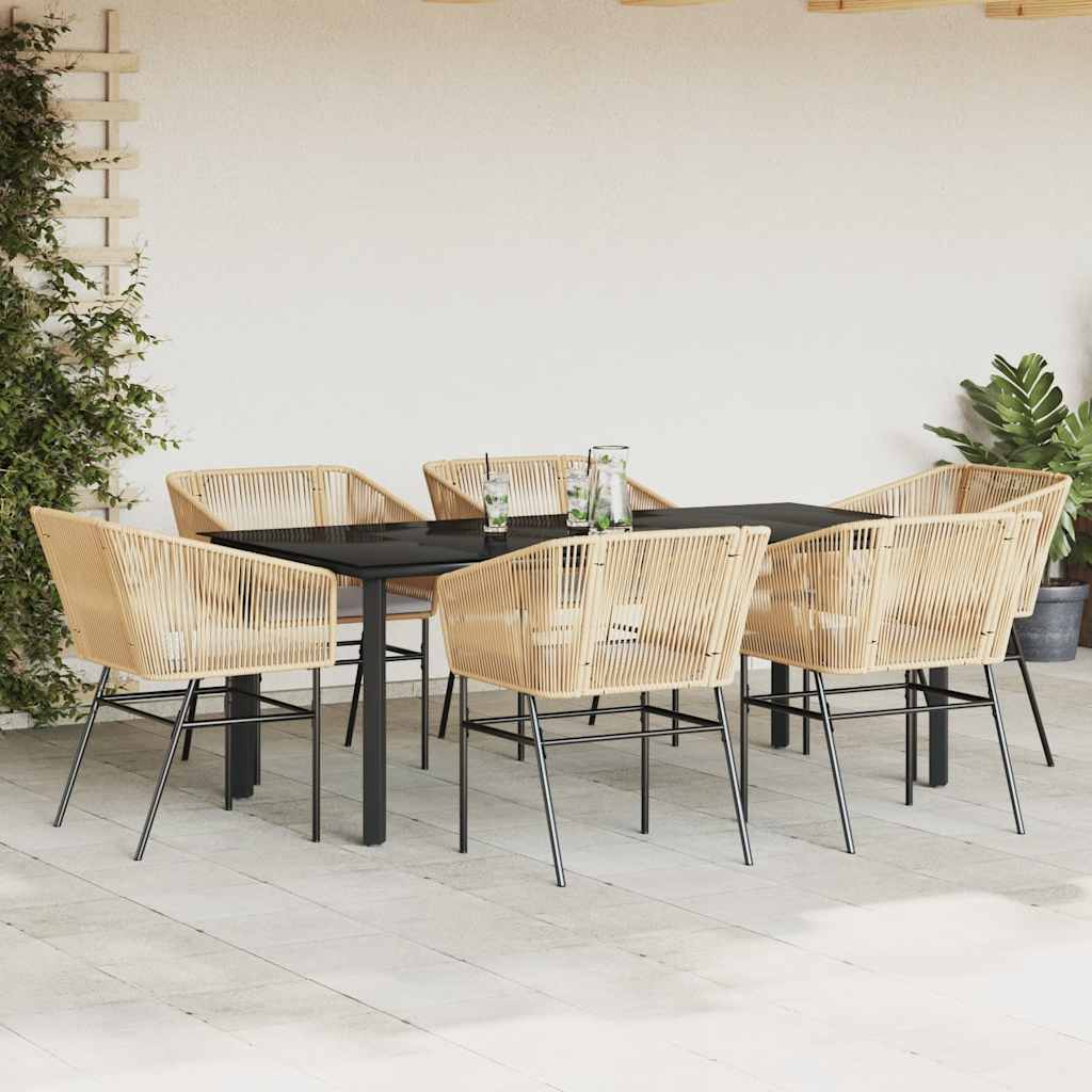 Set Pranzo da Giardino 7pz con Cuscini Marrone Polyrattan Vetro