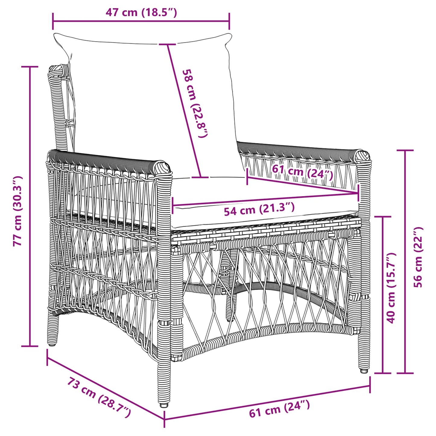 Sedia da Giardino con cuscino Nero 73 x 61 x 77 cm polyrattan | homemem39