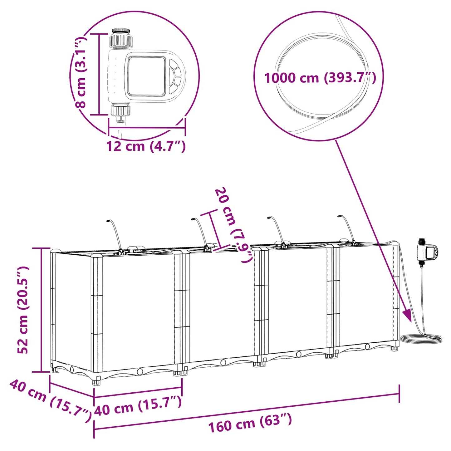 Vaso da giardino 4 pz Grigio 160 x 40 x 52 cm PP
