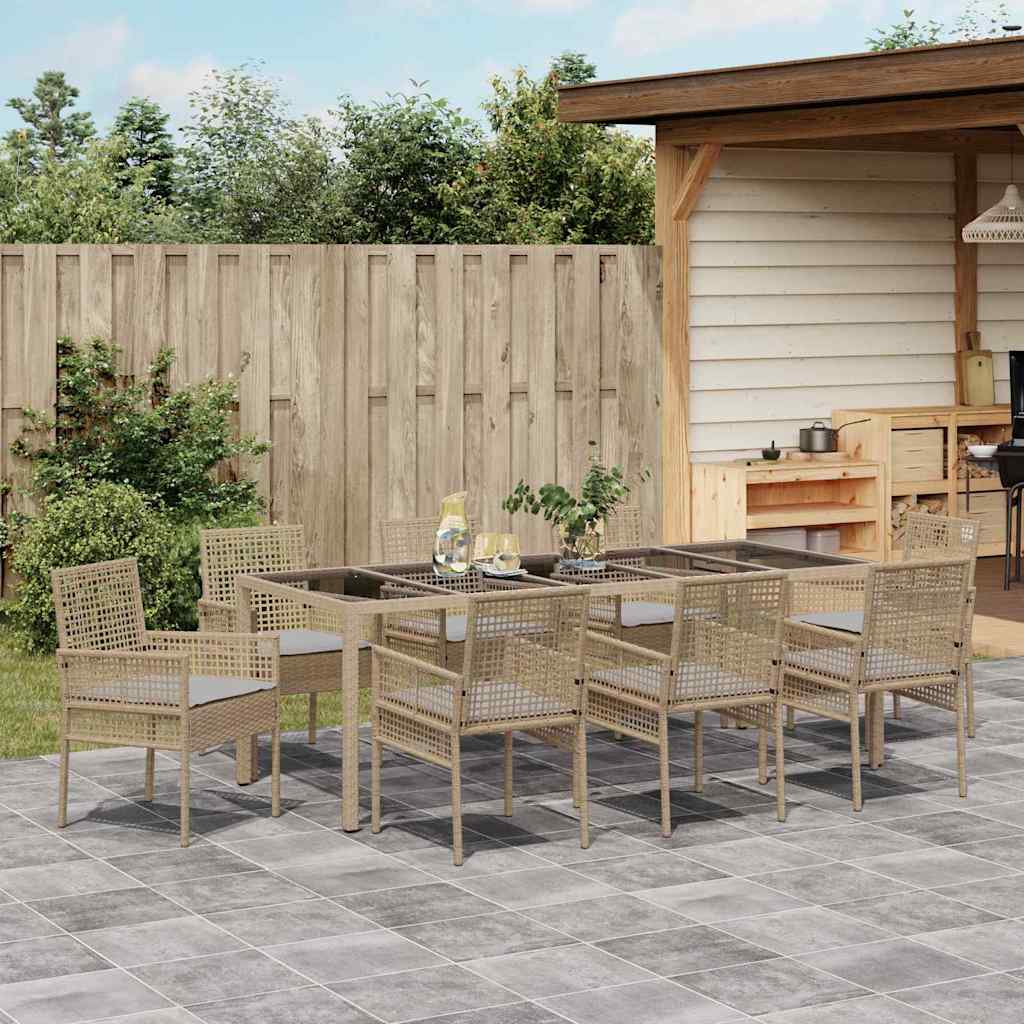 Set da Pranzo per Giardino 9 pcs Beige Poly Rattan