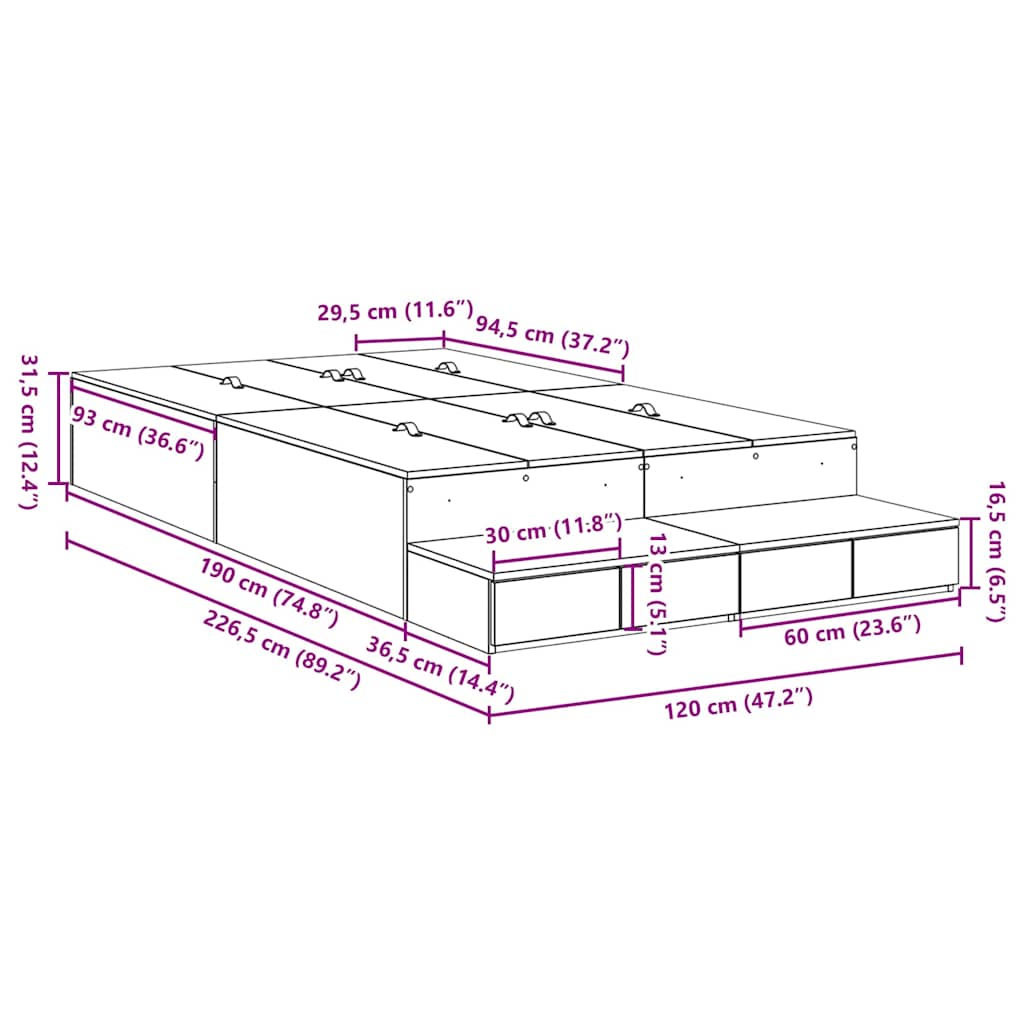 Struttura letto con contenitore Grigio cemento 120 cm