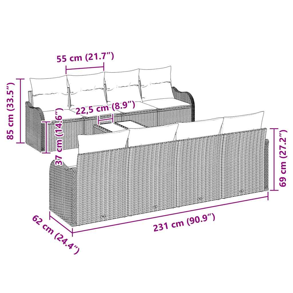 Set Divano da Giardino 9 pcs Nero 55 x 55 x 37 cm Poly Rattan