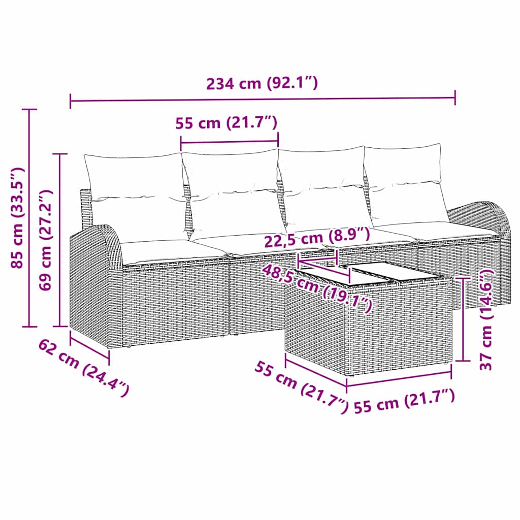 Set Divano da Giardino 5 pcs Grigio 55 x 55 x 37 cm Poly Rattan
