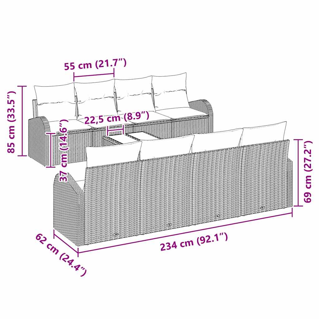 Set Divano da Giardino 7 pcs Nero e Beige 55 x 55 x 37 cm