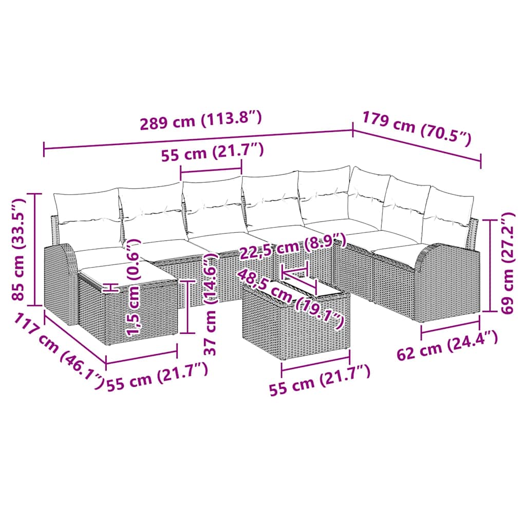 Set Divano da Giardino 9 pcs Grigio chiaro Poly Rattan - homemem39