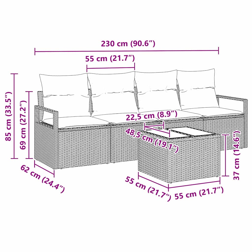 Set Divano da Giardino 5 pcs Grigio 55 x 55 x 37 cm polyrattan