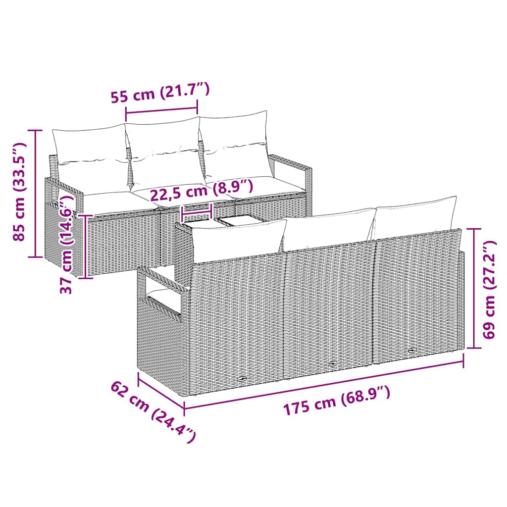 Set Divano da Giardino 7 pcs Nero e Crema 55 x 55 x 37 cm