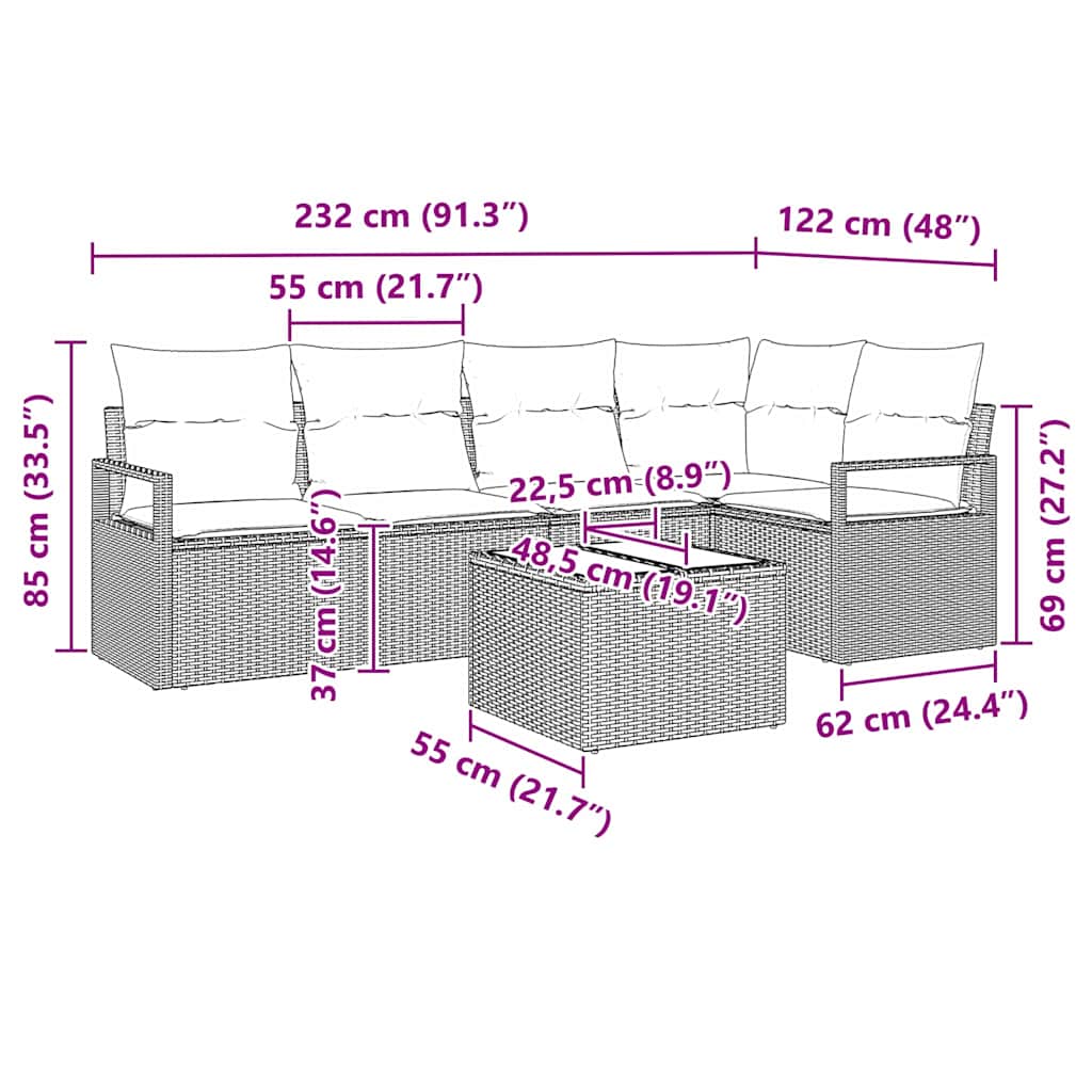 Set Divano da Giardino 6 pcs Grigio chiaro Poly Rattan