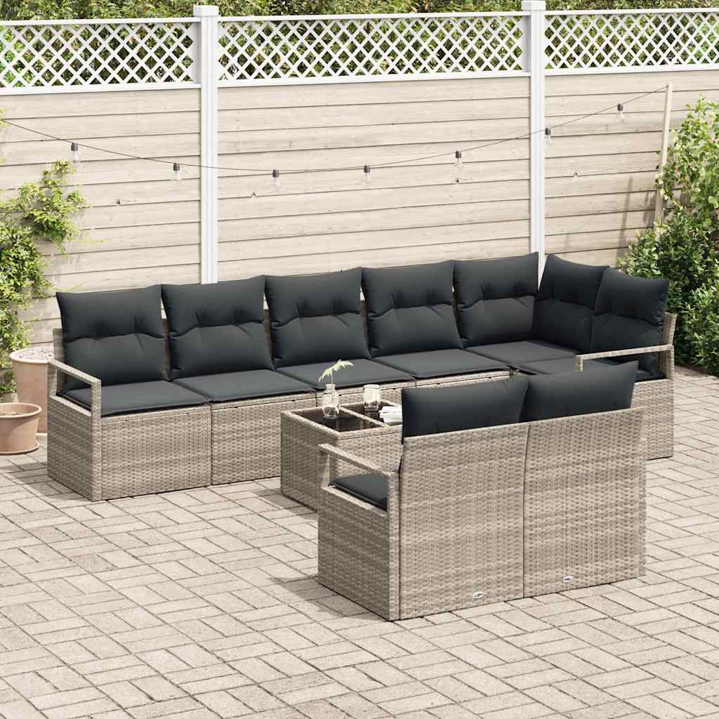 Set Divano da Giardino 9 pcs Grigio chiaro Poly Rattan